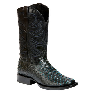 Black cowboy boot with detailed design on a white background