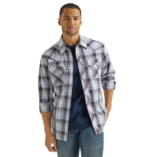 Wrangler Men's Retro Long Sleeve Sawtooth Snap Pocket Western Shirt- Blue Plaid
