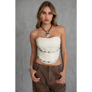Glendora Vegan Leather Western Charm Concho Corset Top- Cream