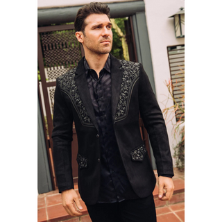 Platini Men's Black Embroidered Suede Blazer