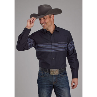 Roper Men's Border Stripe Black/Blue Long Sleeve Snap Shirt