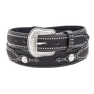 Men’s Black Ostrich Print Tooled Leather Western Belt with Silver Buckle