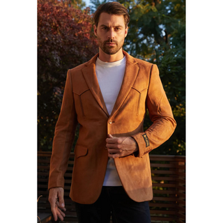 Platini Men's Double Button Faux Suede Blazer- Camel