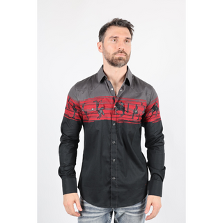 Platini Men's Modern Fit Cotton Stretch Rodeo Panoramic Shirt - Black