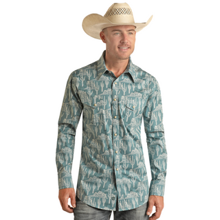 Rock & Roll Denim Sunburst & Cactus Long Sleeve Snap Shirt