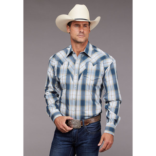 Stetson Men's Denim Ombre Plaid Long Sleeve Snap Western Shirt