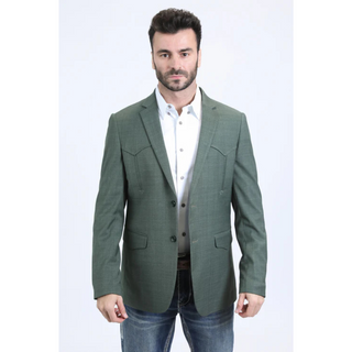 Man wearing a green blazer over a white shirt on a white background