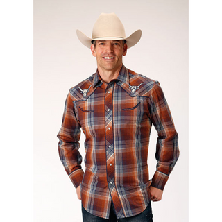 Roper Men's Red Plaid Embroidered Long Sleeve Snap Western Shirt