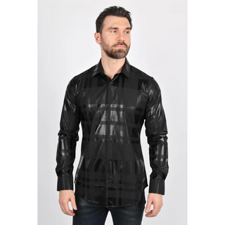 Mens Modern Fit Stretch Foiled Black Long Sleeve Shirt