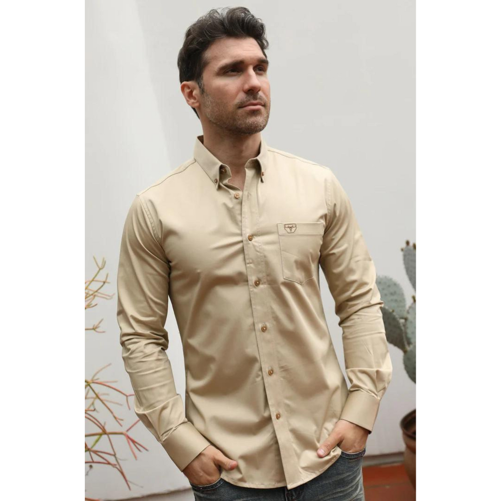 Platini Men's Modern Fit Beige Dress Shirt Large