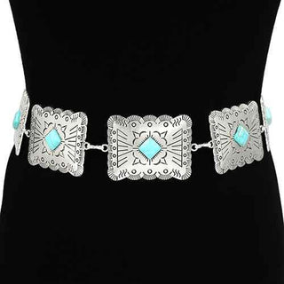 Women's Silver & Turquoise Stone Square Concho Chain Belt