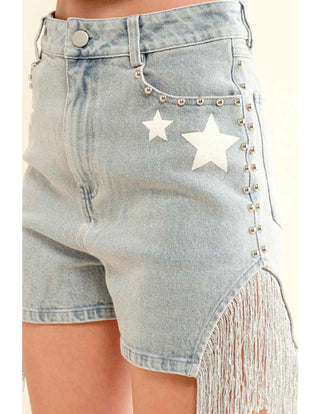 Garment Washed Denim Studded Fringe Shorts