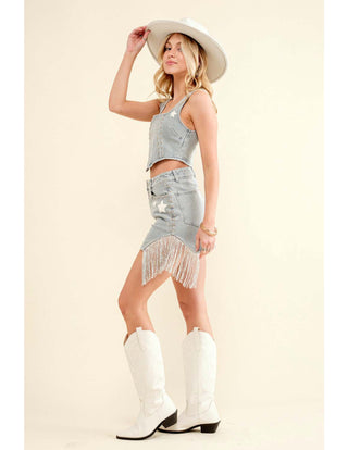 Garment Washed Denim Studded Fringe Shorts