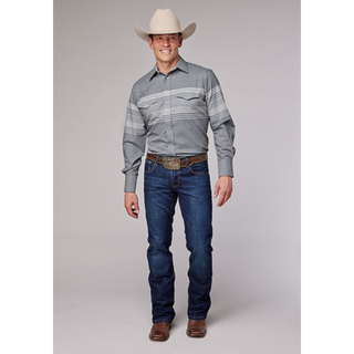Roper Men's Border Stripe Grey Long Sleeve Snap Shirt