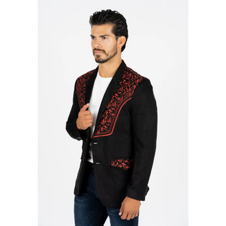 Platini Men's Black/Burgundy Embroidered Suede Blazer