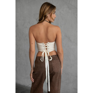 Glendora Vegan Leather Western Charm Concho Corset Top- Cream