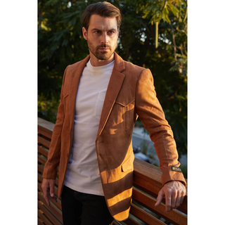 Platini Men's Double Button Faux Suede Blazer- Camel
