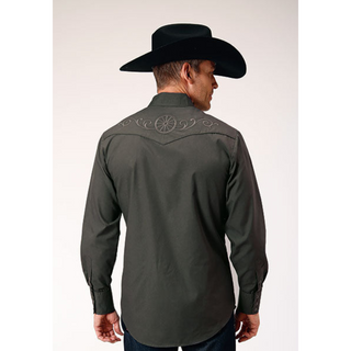 Roper Men's Charcoal Grey Embroidered Long Sleeve Snap Western Shirt