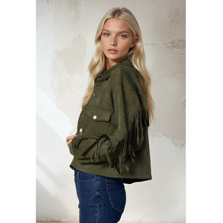 Side view of olive fringe suede jacket showing sleeve fringe details