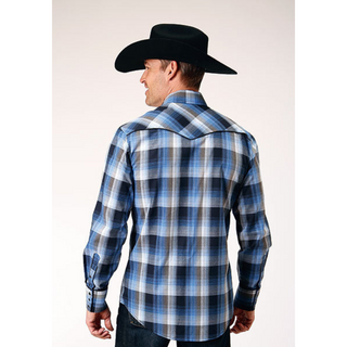 Roper Men's Blue Plaid Embroidered Long Sleeve Snap Western Shirt
