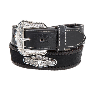 Men’s Western Black Leather Belt with Tooled Design & Longhorn Concho