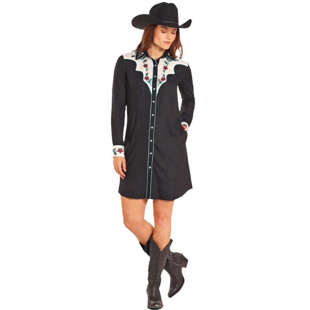 Panhandle Women's Long Sleeve Yoked Dress w/ Western Embroidery Large