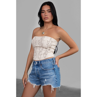 Vegan Leather Western Embroidered Corset Top- Cream
