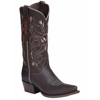 Brown cowboy boot with intricate white embroidery
