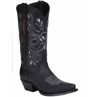 Black cowboy boot with white embroidery on a white background