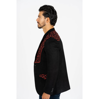 Platini Men's Black/Burgundy Embroidered Suede Blazer