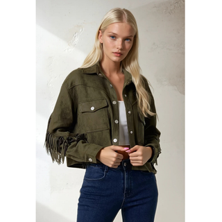 Olive cropped fringe jacket styled with denim jeans and white tank top