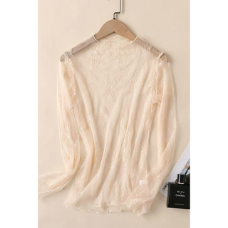 Women's Apricot Sheer Lace Mesh Long Sleeve Top – See-Through Floral Blouse