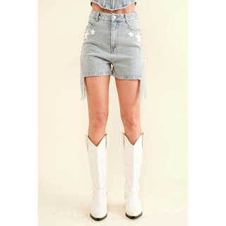 Garment Washed Denim Studded Fringe Shorts