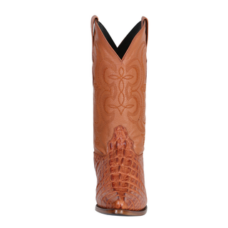 cowboy boot with exotic caiman belly texture, pointed toe, and intricate shaft stitching – luxury western boot handcrafted from genuine leather.