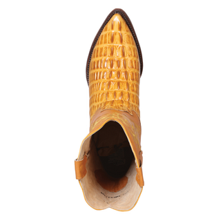 cowboy boot with exotic caiman belly texture, pointed toe, and intricate shaft stitching – luxury western boot handcrafted from genuine leather.