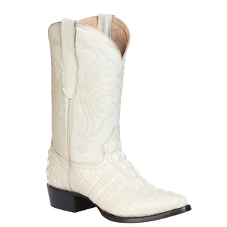 cowboy boot with exotic caiman belly texture print, pointed toe, and intricate shaft stitching – luxury western boot handcrafted from genuine leather.