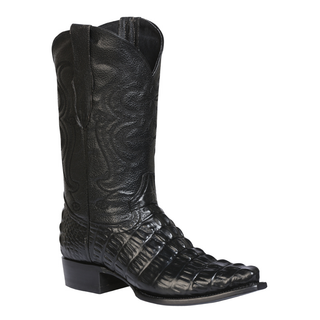 Men’s black cowboy boot with imitation exotic caiman belly texture, pointed toe, and intricate shaft stitching – luxury western boot handcrafted from genuine leather.