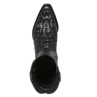 Men’s black cowboy boot with imitation exotic caiman belly texture, pointed toe, and intricate shaft stitching – luxury western boot handcrafted from genuine leather.