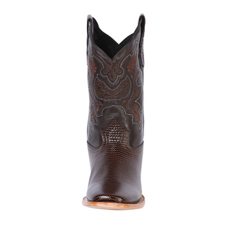 Brown cowboy boot with intricate design