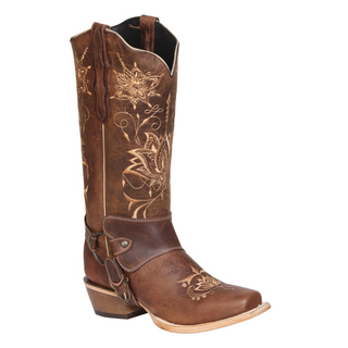 Brown cowboy boot with floral embroidery on a white background