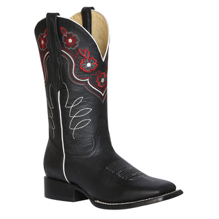 Black cowboy boot with red and white embroidery on a white background