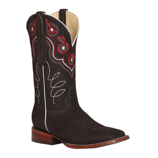 Brown cowboy boot with red floral embroidery