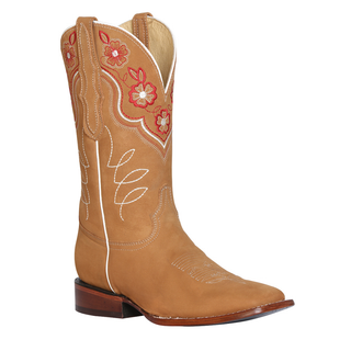 Tan cowboy boot with red floral embroidery