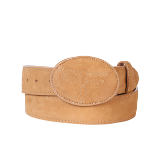 Tan leather belt with a decorative buckle