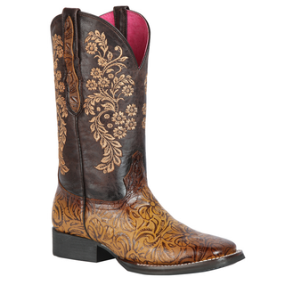 Brown cowboy boot with intricate floral embroidery