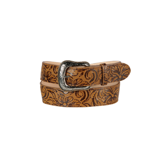 Brown leather belt with intricate patterns and a silver buckle