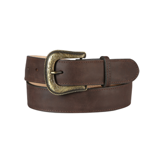 Brown leather belt with a gold buckle