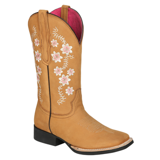 Tan cowboy boot with floral embroidery