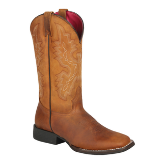 Brown cowboy boot with intricate stitching