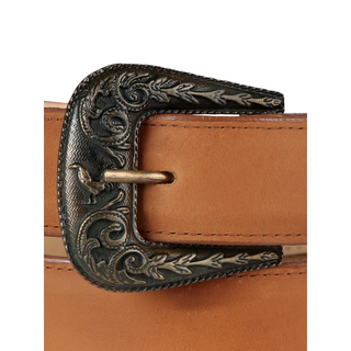 Close-up of a brown leather belt with an ornate metal buckle